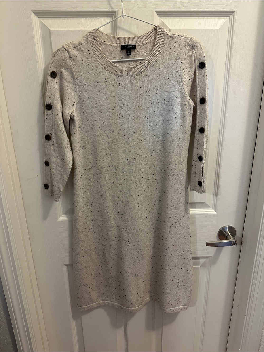 Talbots Oatmeal Speckled Cream Midi Sweater Dress with Sleeve Buttons